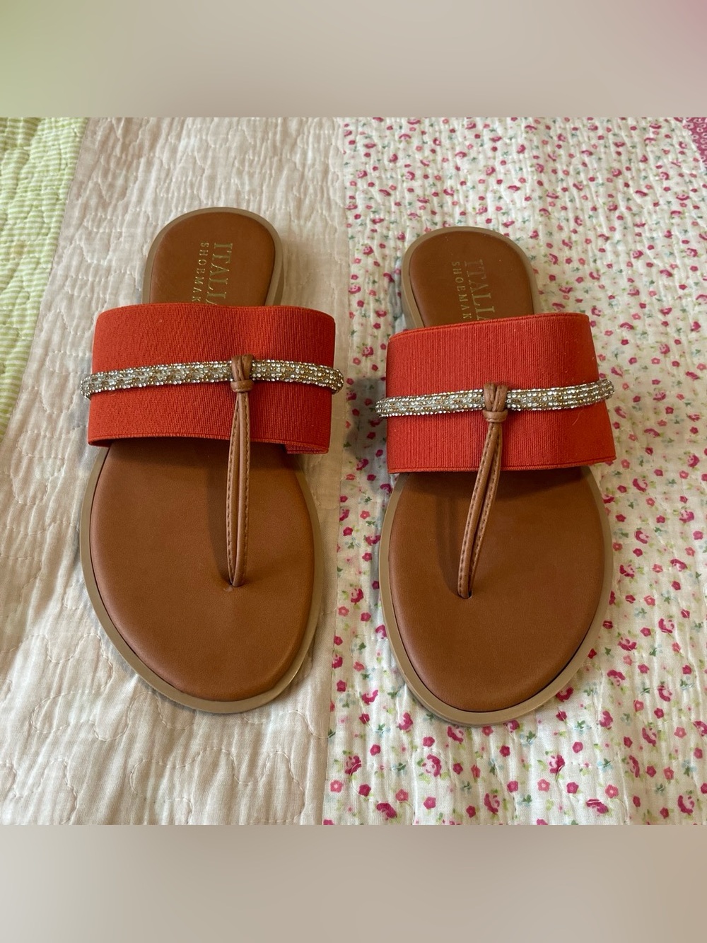 Italian Shoemakers Coral Orange Slide Sandals with Rhinestone Band